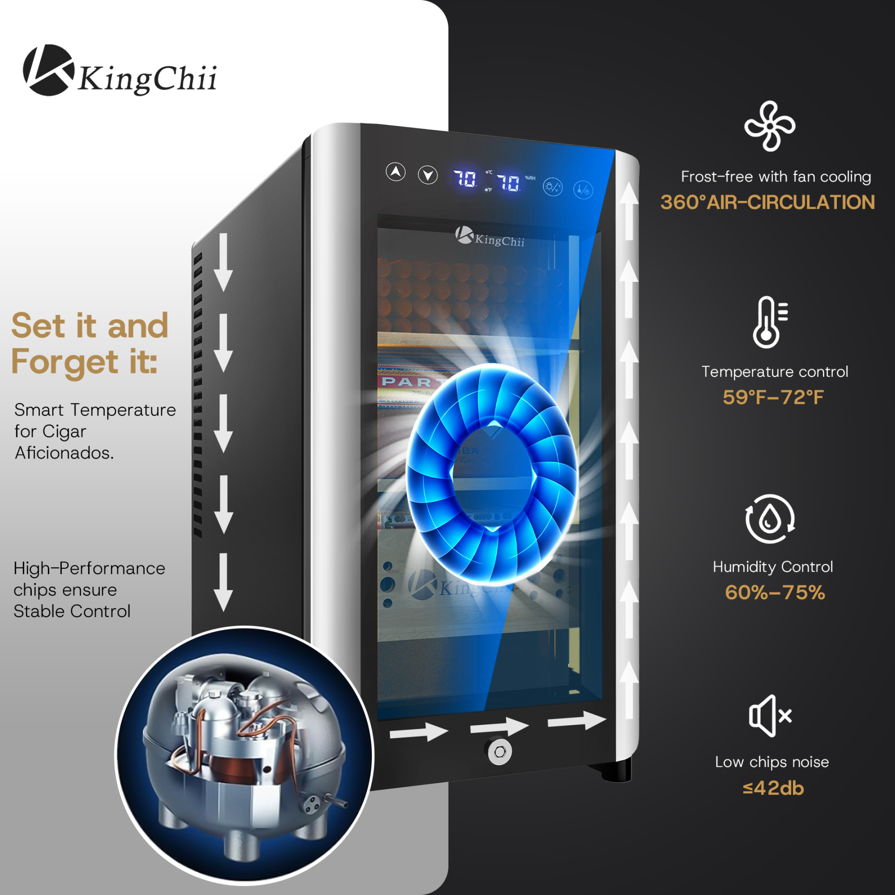 KingChii Electric Cigar Humidors, Electronic Temperature Control Cabinet with Spanish Cedar Wood Shelves & Drawer Hygrometer (25L, Temp&Humidity Control)