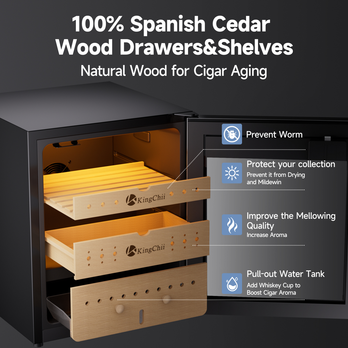 KingChii 50L Electric Compression Cigar Humidor, Temperature & Humidity Control Cabinet, Built-in Fingerprint Lock with Spanish Cedar Wood Shelves & Drawer Hygrometer for Lounge/Home Use-300 Capacity