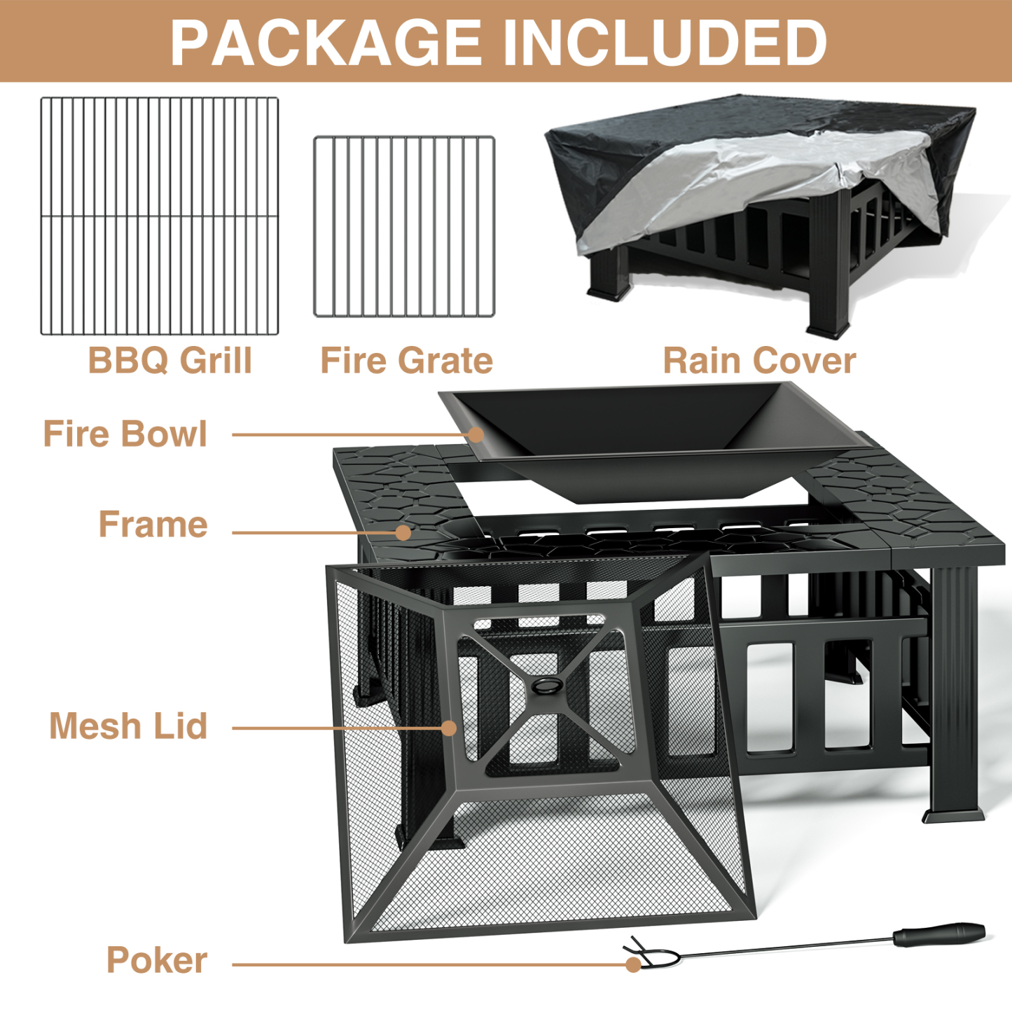 KingChii 32" Fire Pit Table Wood Burning Square Metal Firepit for Outdoor, Patio Backyard BBQ with Mesh Lid, Poker and Cover, Black