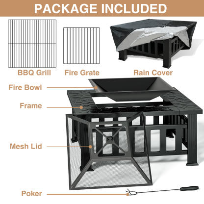 KingChii 32" Fire Pit Table Wood Burning Square Metal Firepit for Outdoor, Patio Backyard BBQ with Mesh Lid, Poker and Cover, Black