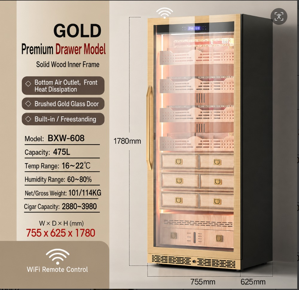 KingChii BXW-608 475L Premium Gold Cigar Humidor Cabinet with Temperature & Humidity Control