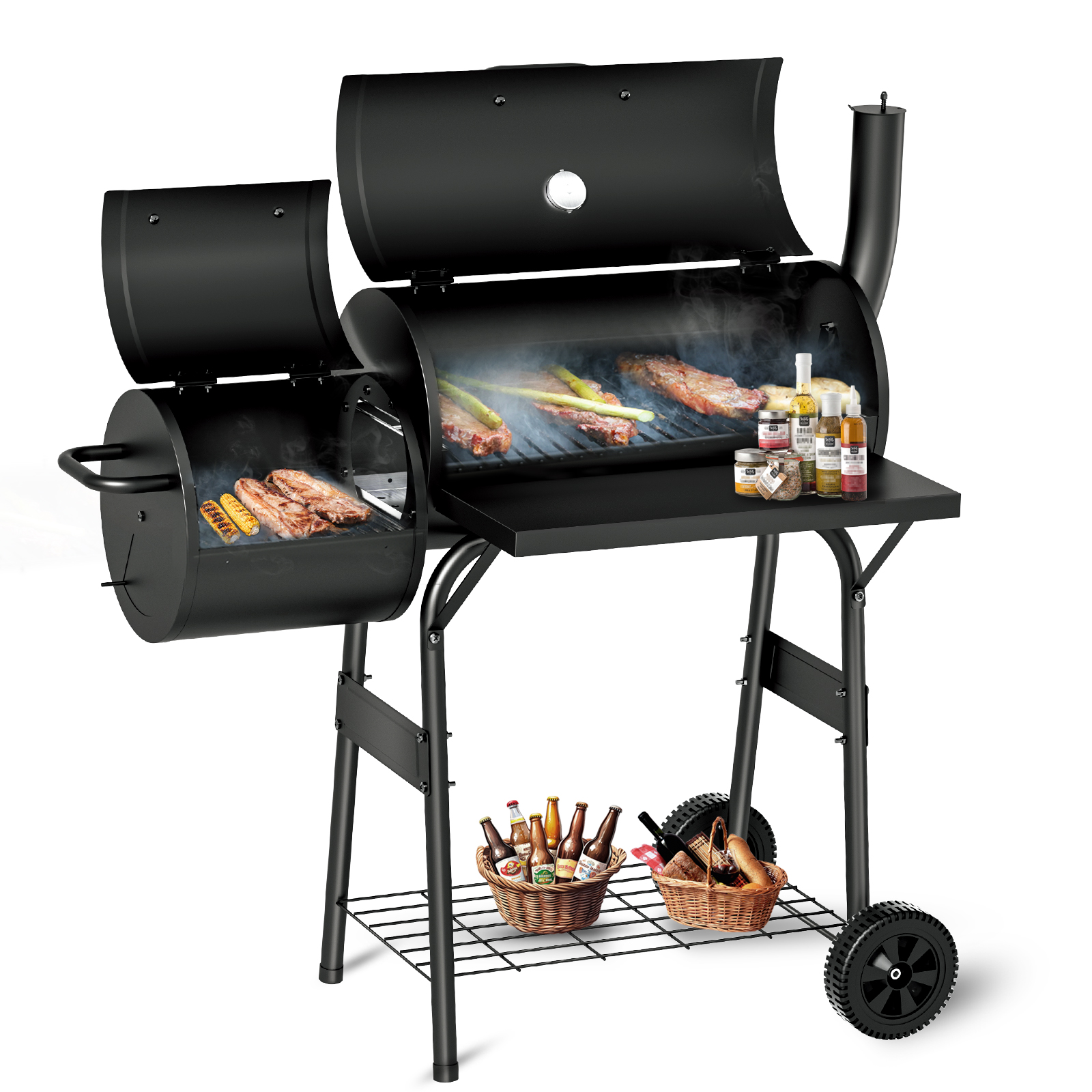 KingChii BBQ Charcoal Smoker and Grills, Offset Smoker for Outdoor, Garden, Patio and Backyard, Black