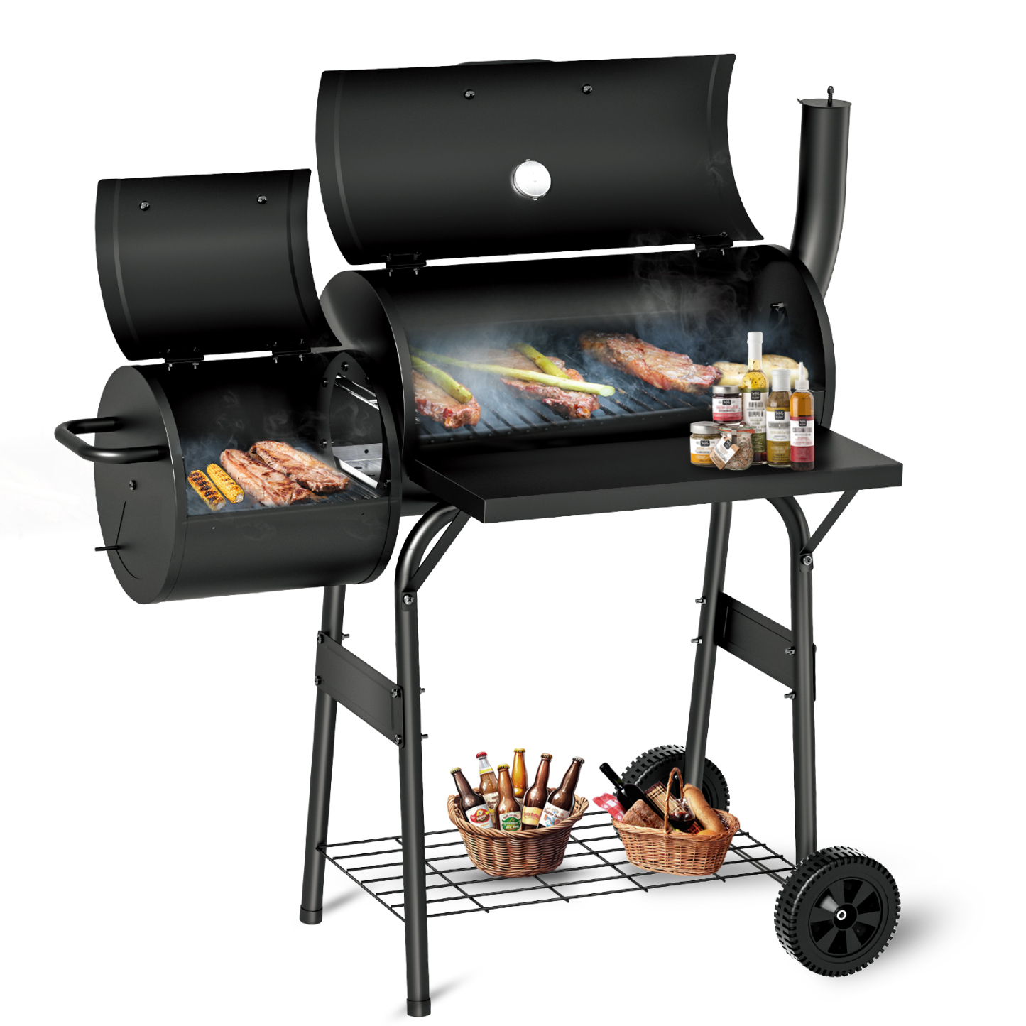 KingChii BBQ Charcoal Smoker and Grills, Offset Smoker for Outdoor, Garden, Patio and Backyard, Black