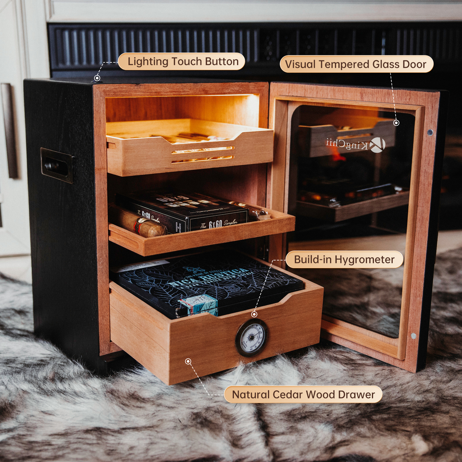 KingChii Cigar Humidor, Light Control System with Spanish Cedar Wood Drawer, Hygrometer, 3 Humidifiers and Cigar Accessories Drawer, for Men, Holds 100 Cigars (Black)