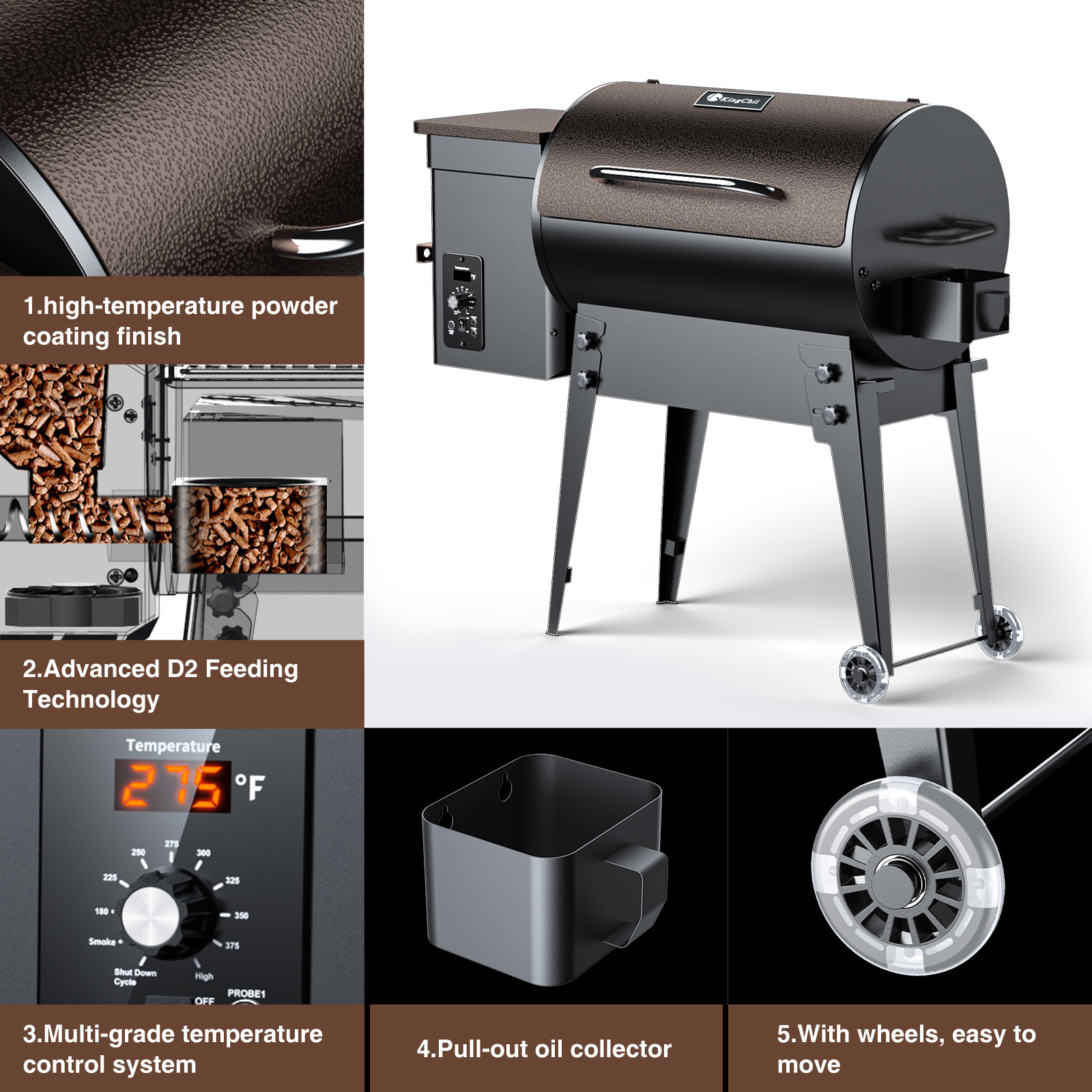 KingChii Wood Pellet Grill & Smoker 456 SQ.IN. with Automatic Temperature Control, Foldable Legs for Easy Storage and Transport, Multifunctional BBQ Grill for Outdoor Cooking