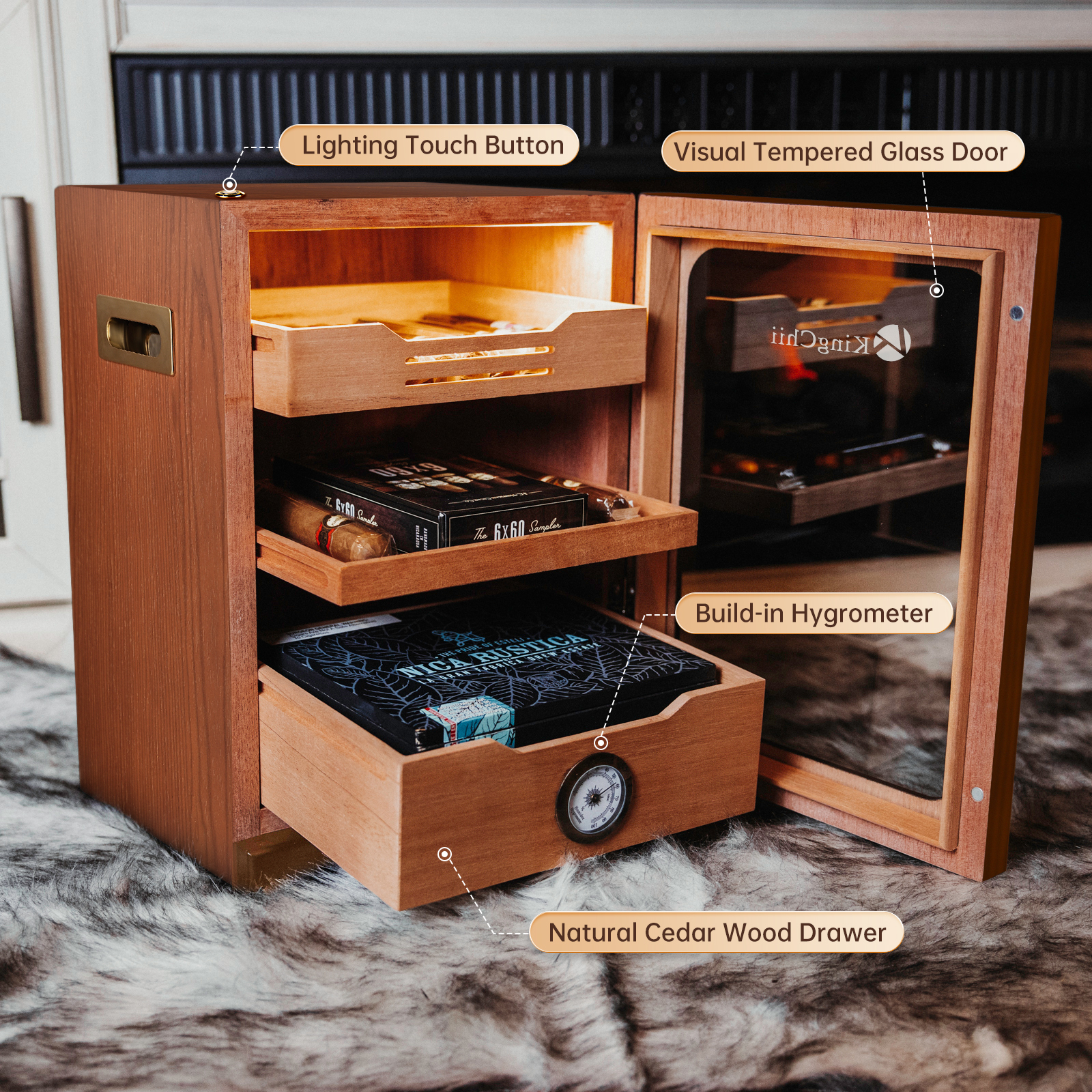 KingChii Cigar Humidor, Light Control System with Spanish Cedar Wood Drawer, Hygrometer, 3 Humidifiers and Cigar Accessories Drawer, Father's Day Gift for Men, Holds 100 Cigars (Brown)