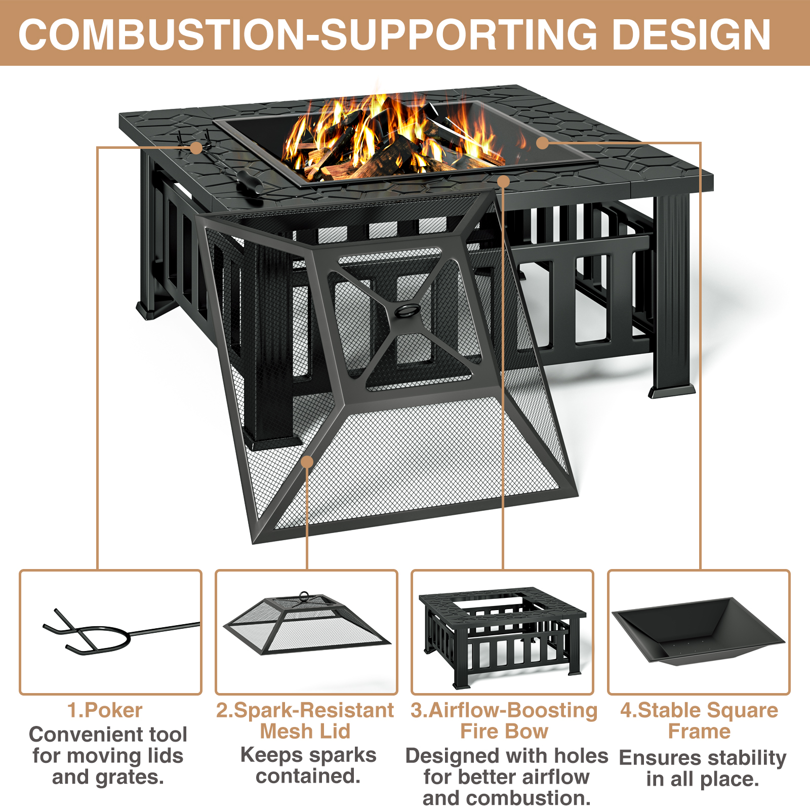 KingChii 32" Fire Pit Table Wood Burning Square Metal Firepit for Outdoor, Patio Backyard BBQ with Mesh Lid, Poker and Cover, Black