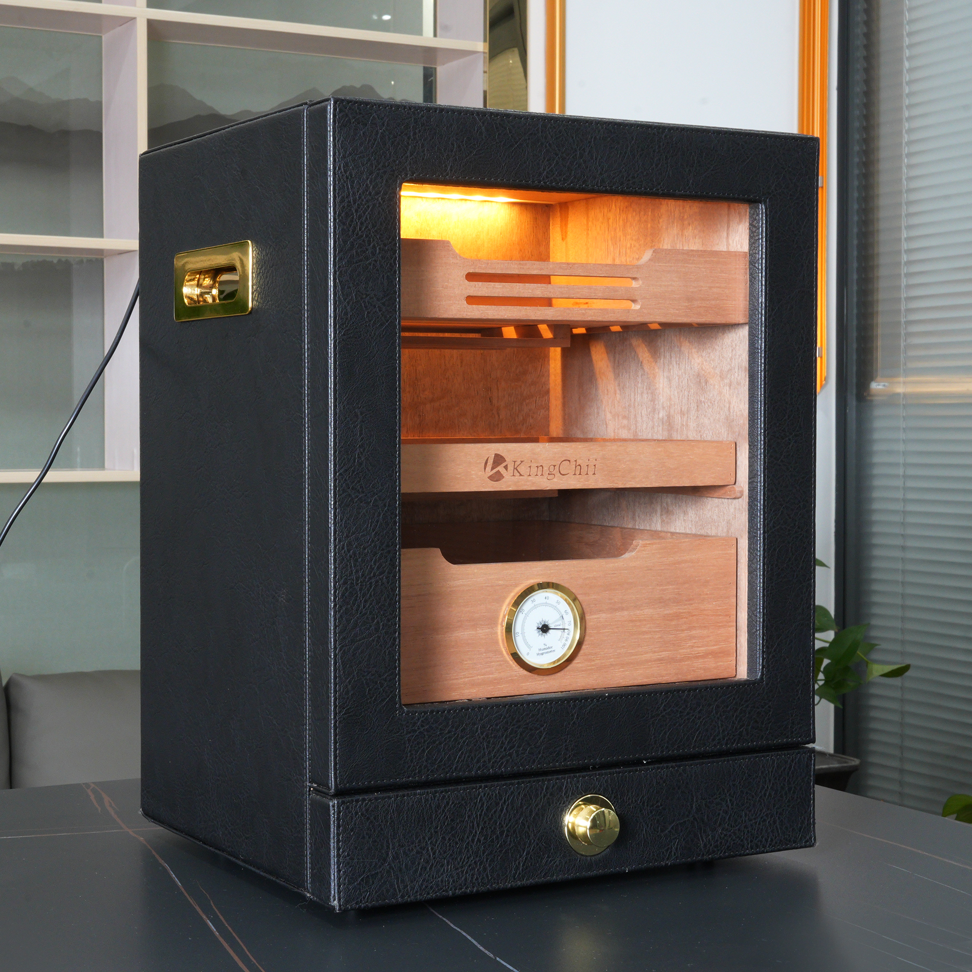 KingChii 20L 100-Cigar Light-Control Humidor, Black
