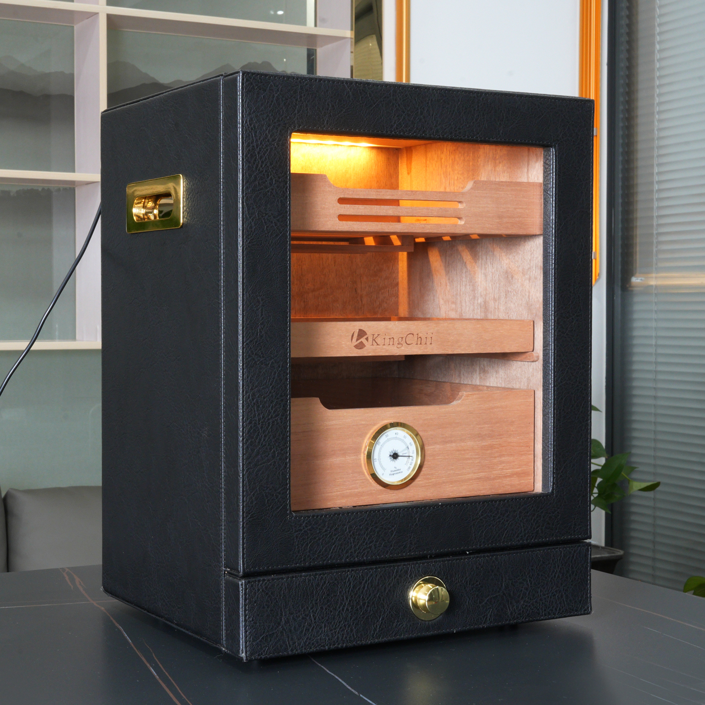 KingChii 20L 100-Cigar Light-Control Humidor, Black