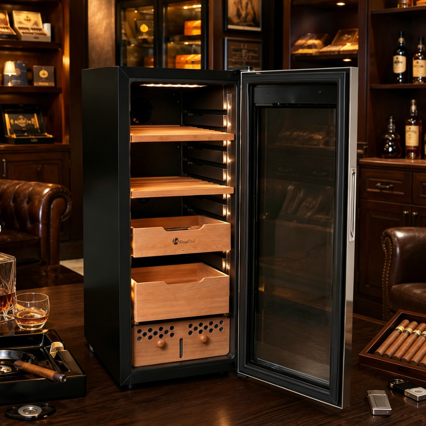 KingChii Upgrade 60L Electric Temperature & Humidity Control Cigar Humidor, Built-in Humidification System with Spanish Cedar Wood Shelves & Drawer Hygrometer(550Capacity)