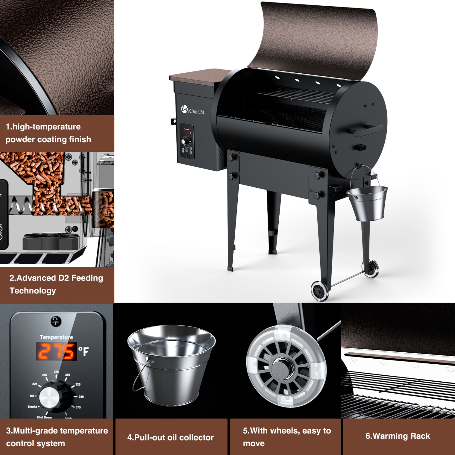 KingChii Wood Pellet Smoker & Grill, 456 sq. in BBQ Smoker with Auto Temperature Control, Folding Legs for Outdoor Patio RV, Bronze