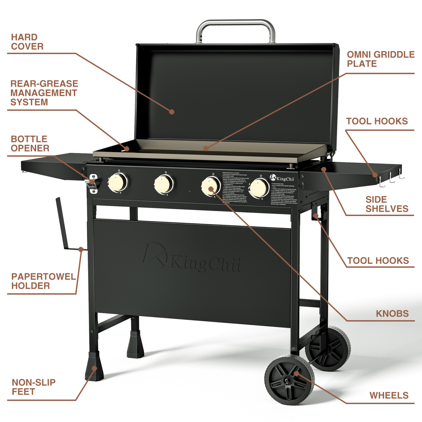 KingChii 4-Burner 32" Propane Griddle Outdoor Flat Top Gas Grill Griddle with Hard Cover for Camping, Tailgating, BBQ, Parties, Backyard & Patio
