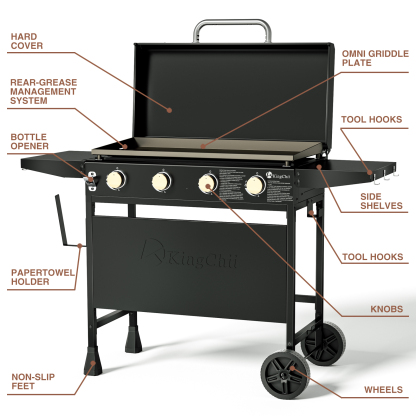 KingChii 4-Burner 32" Propane Griddle Outdoor Flat Top Gas Grill Griddle with Hard Cover for Camping, Tailgating, BBQ, Parties, Backyard & Patio