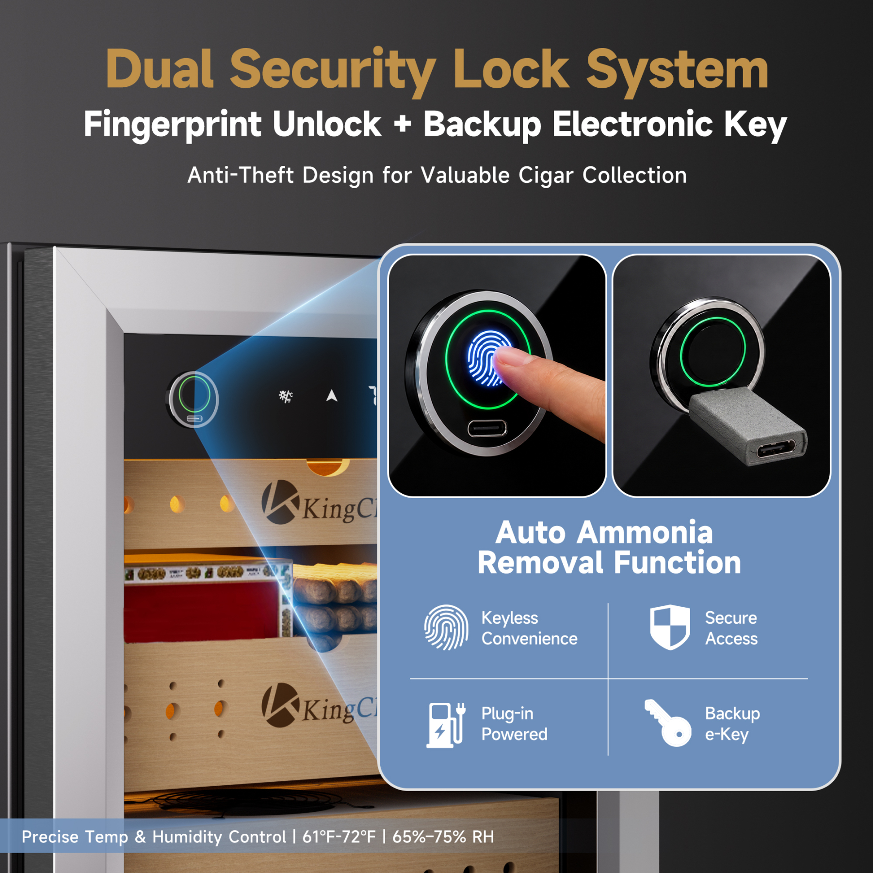 KingChii 900-Cigar Humidor Cabinet with Fingerprint Lock and Backup Key Security System