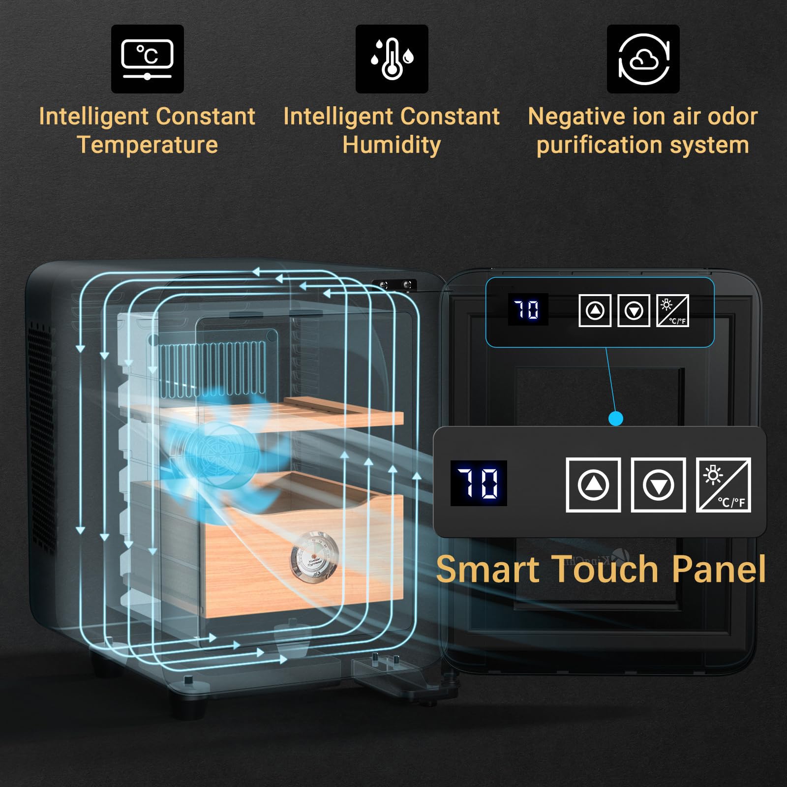 KingChii 8L Electric Cigar Humidor with New Shape Design, Digital Temperature Control Cabinet, Spanish Cedar Shelves & Hygrometer - 80 Capacity (2 Layers)