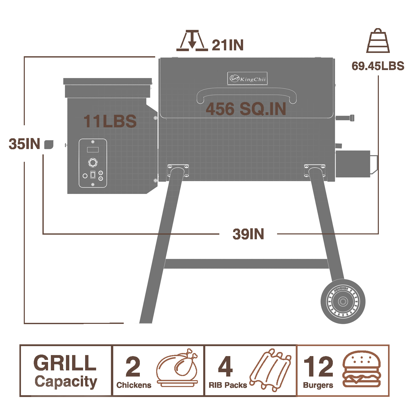 KingChii 456 SQ.IN Wood Pellet Grill Smoker with Auto Temperature Control for Outdoor RV BBQ in Bronze