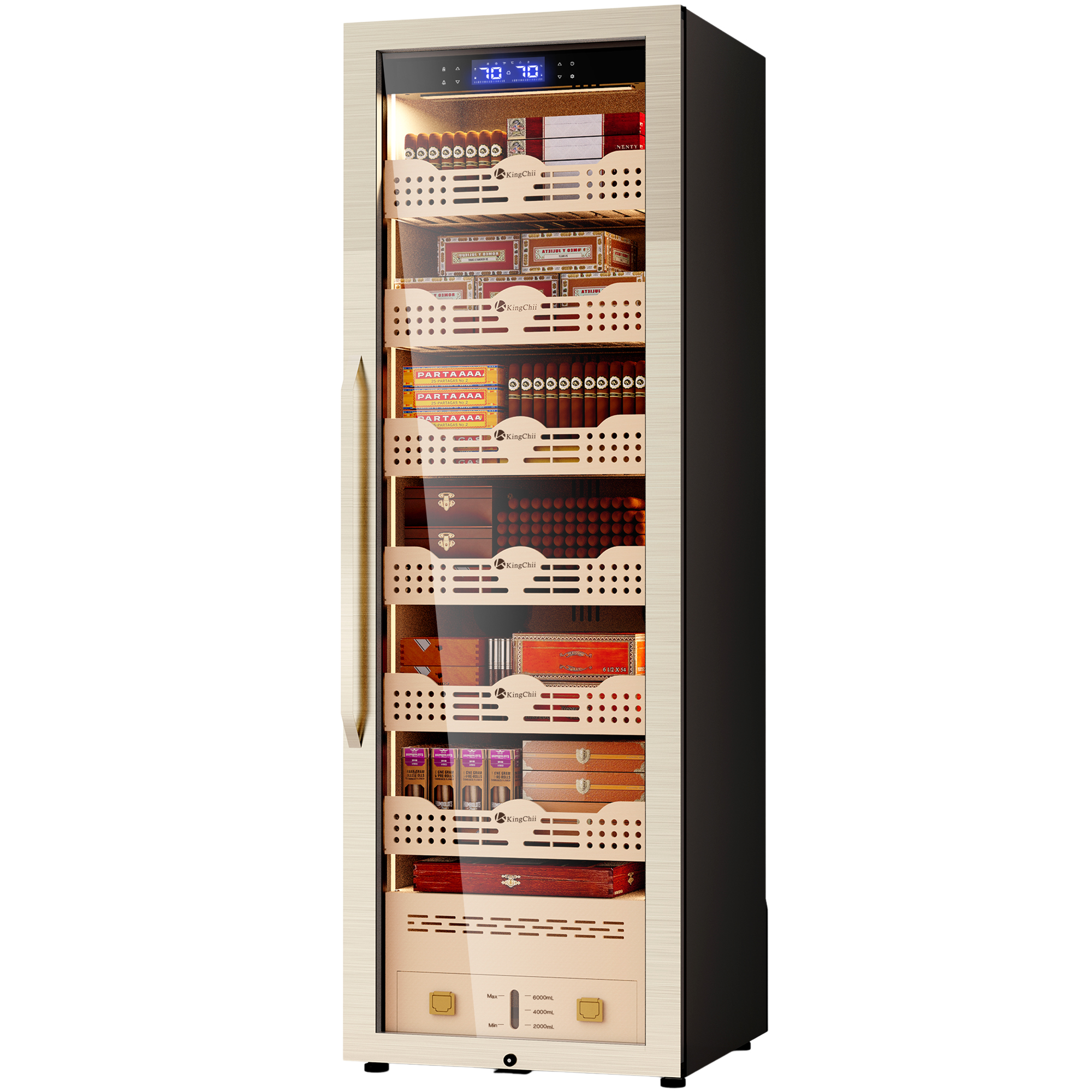 KingChii 338L Smart Electric Cigar Humidor Cabinet with WiFi, Gold Glass Door & Compressor Cooling