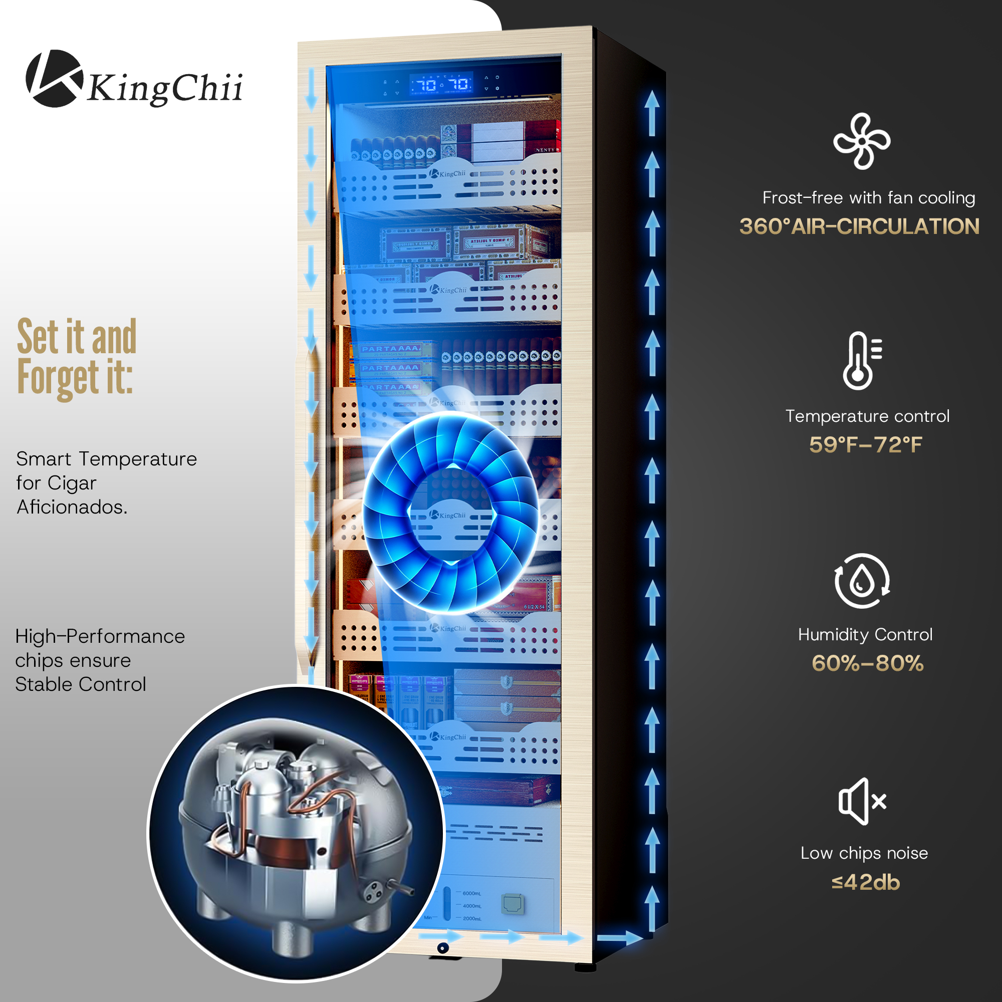 KingChii 338L Smart Electric Cigar Humidor Cabinet with WiFi, Gold Glass Door & Compressor Cooling