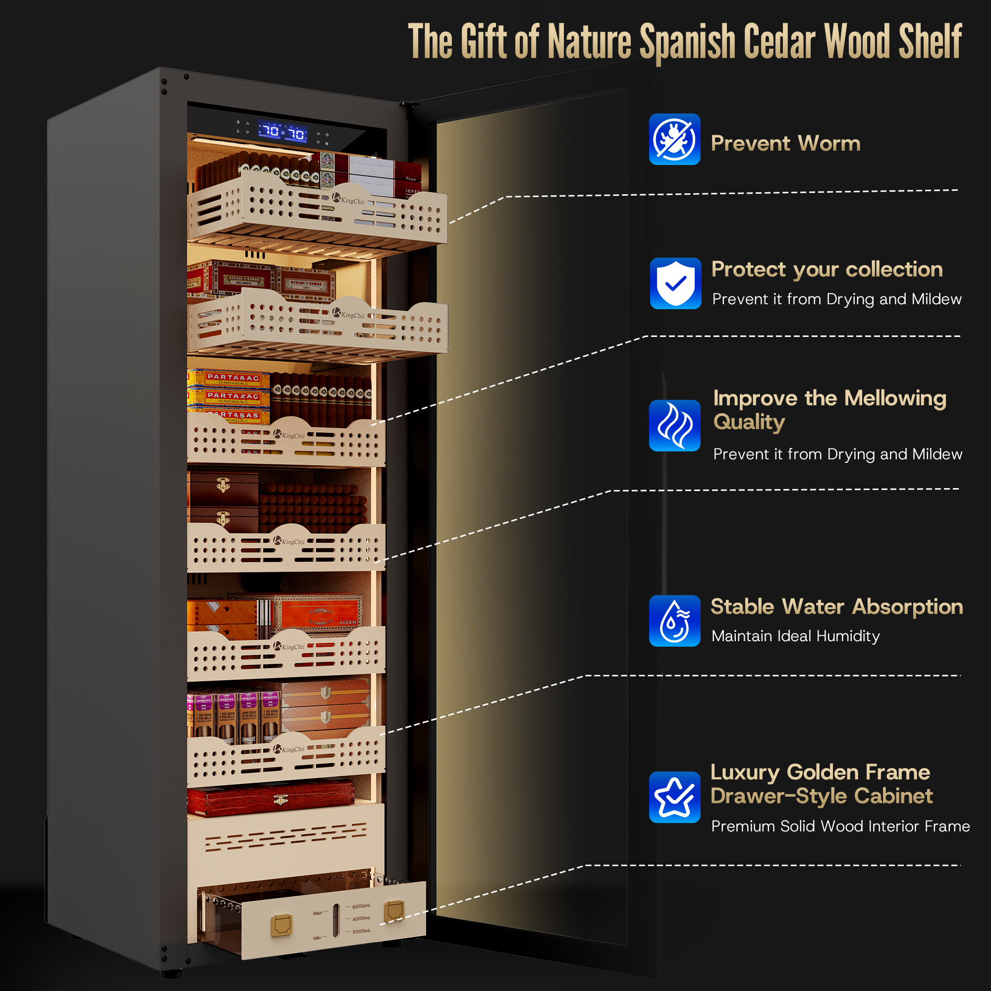 KingChii 338L Smart Electric Cigar Humidor Cabinet with WiFi, Gold Glass Door & Compressor Cooling