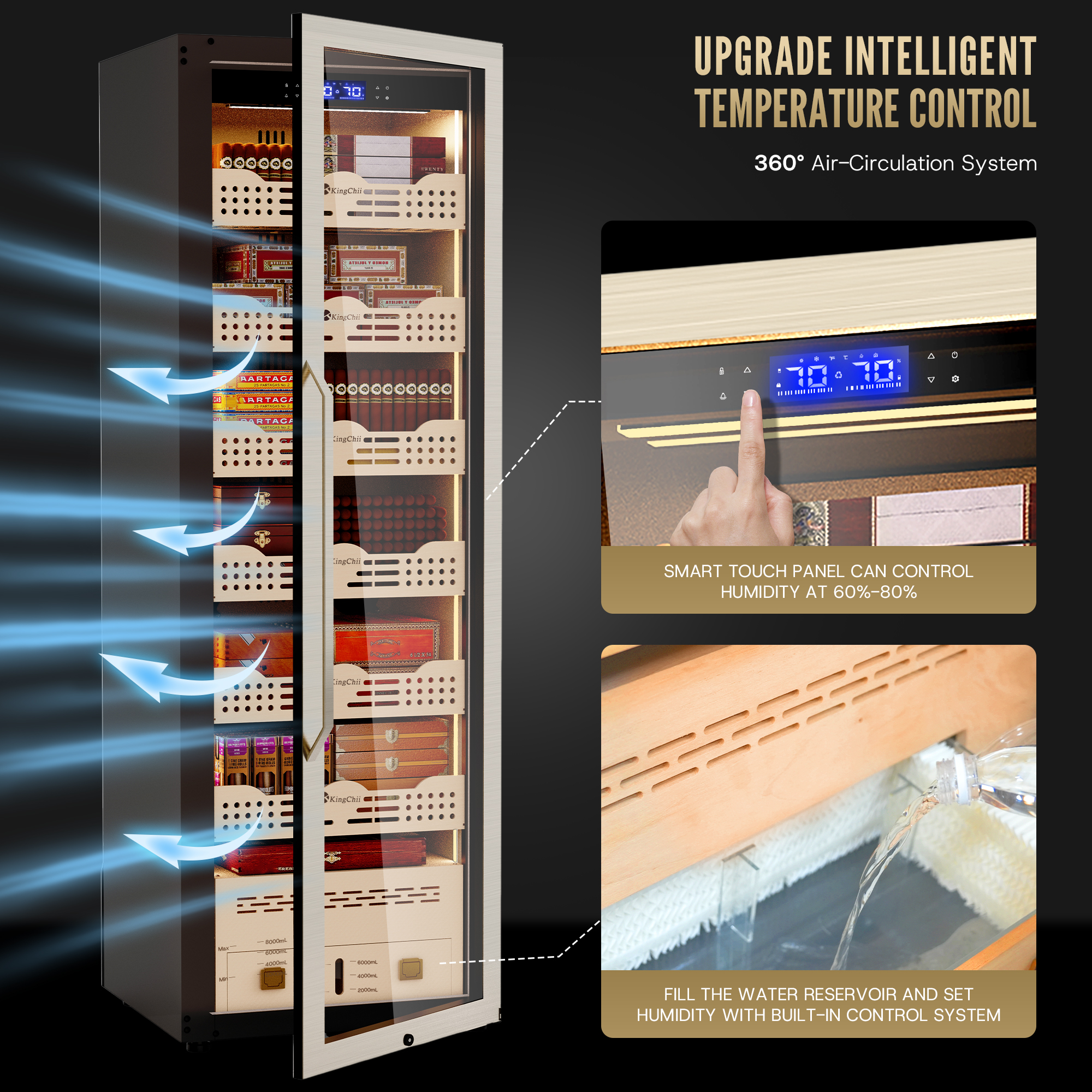 KingChii 338L Smart Electric Cigar Humidor Cabinet with WiFi, Gold Glass Door & Compressor Cooling