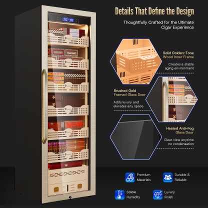KingChii 338L Smart Electric Cigar Humidor Cabinet with WiFi, Gold Glass Door & Compressor Cooling