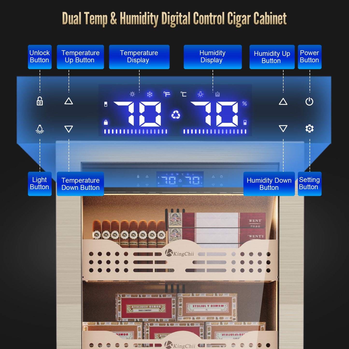 KingChii 338L Smart Electric Cigar Humidor Cabinet with WiFi, Gold Glass Door & Compressor Cooling