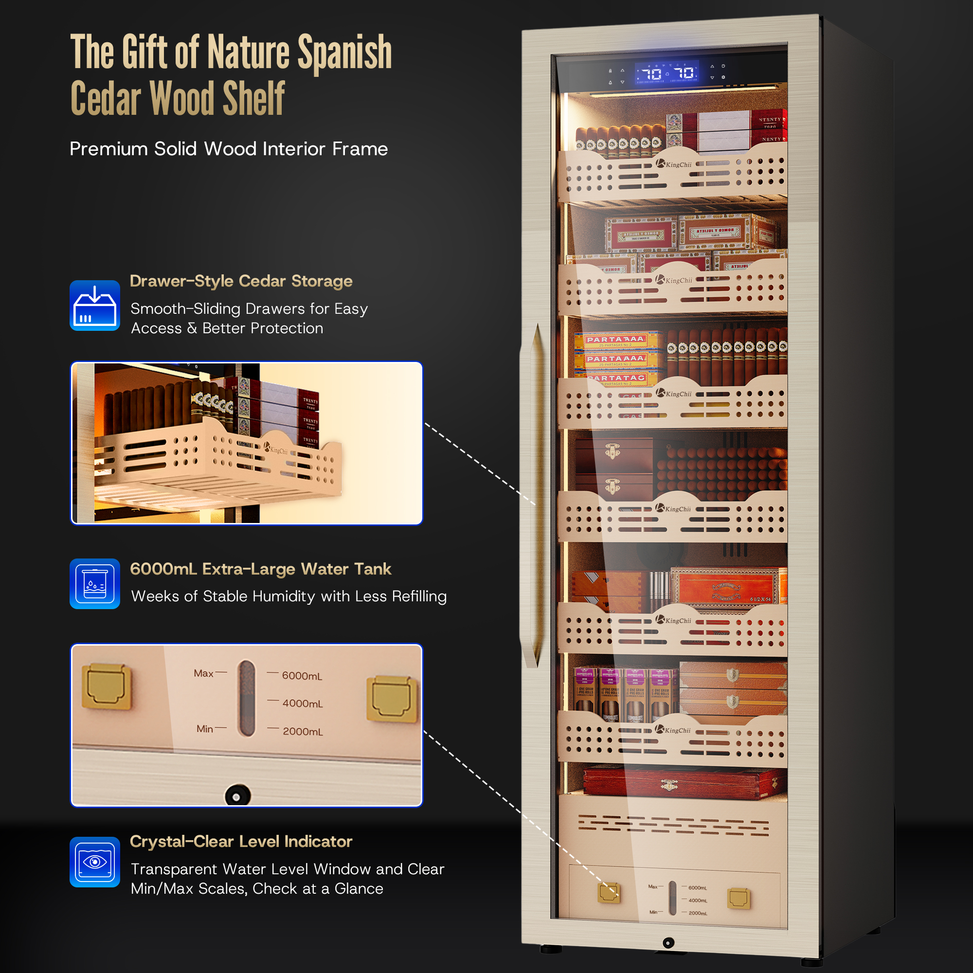 KingChii 338L Smart Electric Cigar Humidor Cabinet with WiFi, Gold Glass Door & Compressor Cooling