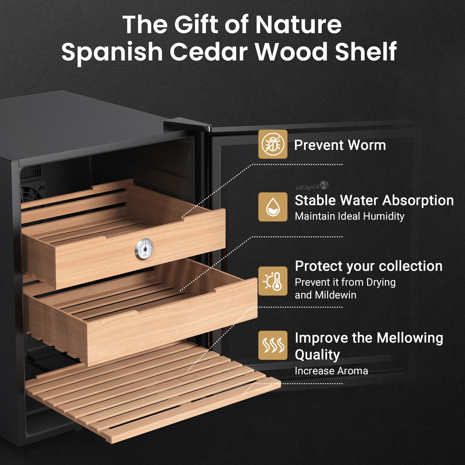 KingChii 48L Electric Cigar Humidors with Temperature Control System, Cigar Cabinet with Spanish Cedar Wood Shelves & Hygrometer, Father's Day Gifts for Men (3 Layers 350 Capacity)