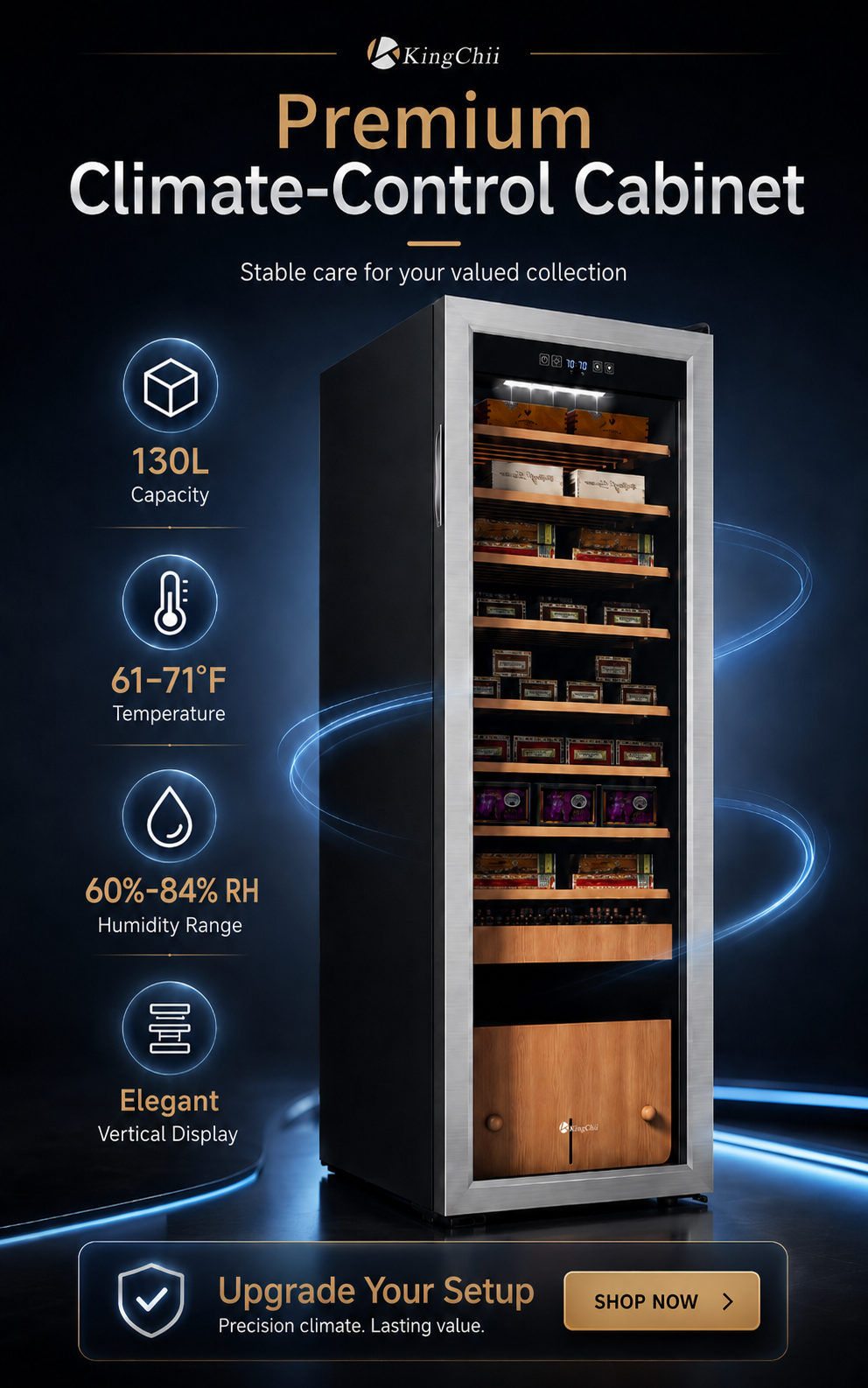 KingChii 130L Temp & Humidity Control Cigar Humidor, 1100-Cigar Capacity 