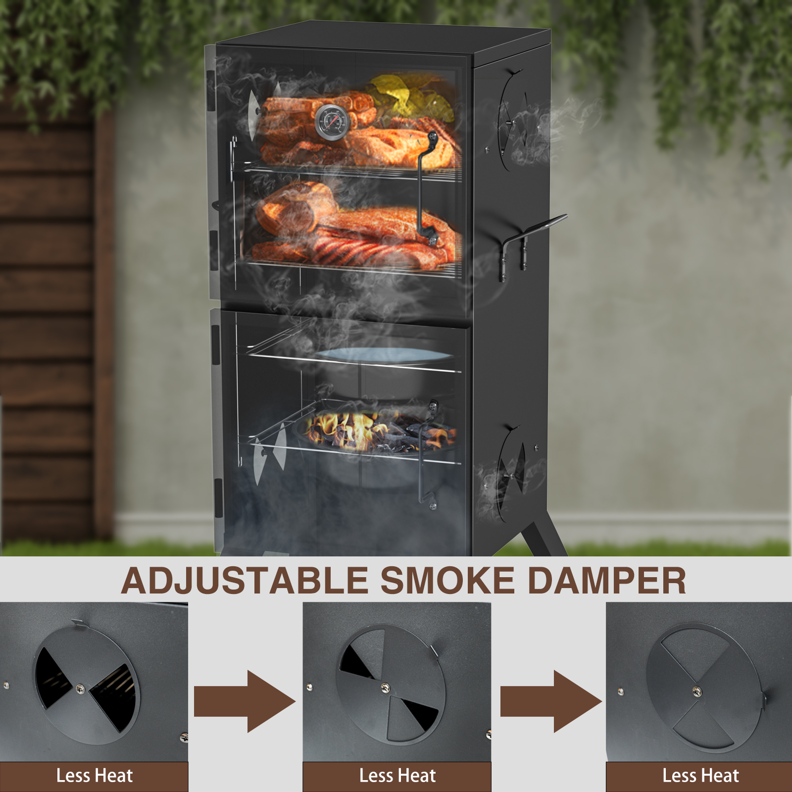 Kingchii Vertical Charcoal Smoker BBQ Grill with Built-in Thermometer, Portable Smoker for Backyard, Camping, Barbecue, and Outdoor Grilling