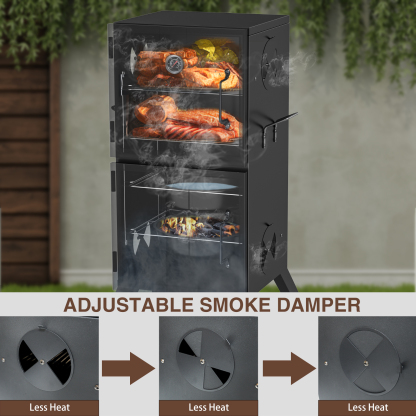 Kingchii Vertical Charcoal Smoker BBQ Grill with Built-in Thermometer, Portable Smoker for Backyard, Camping, Barbecue, and Outdoor Grilling