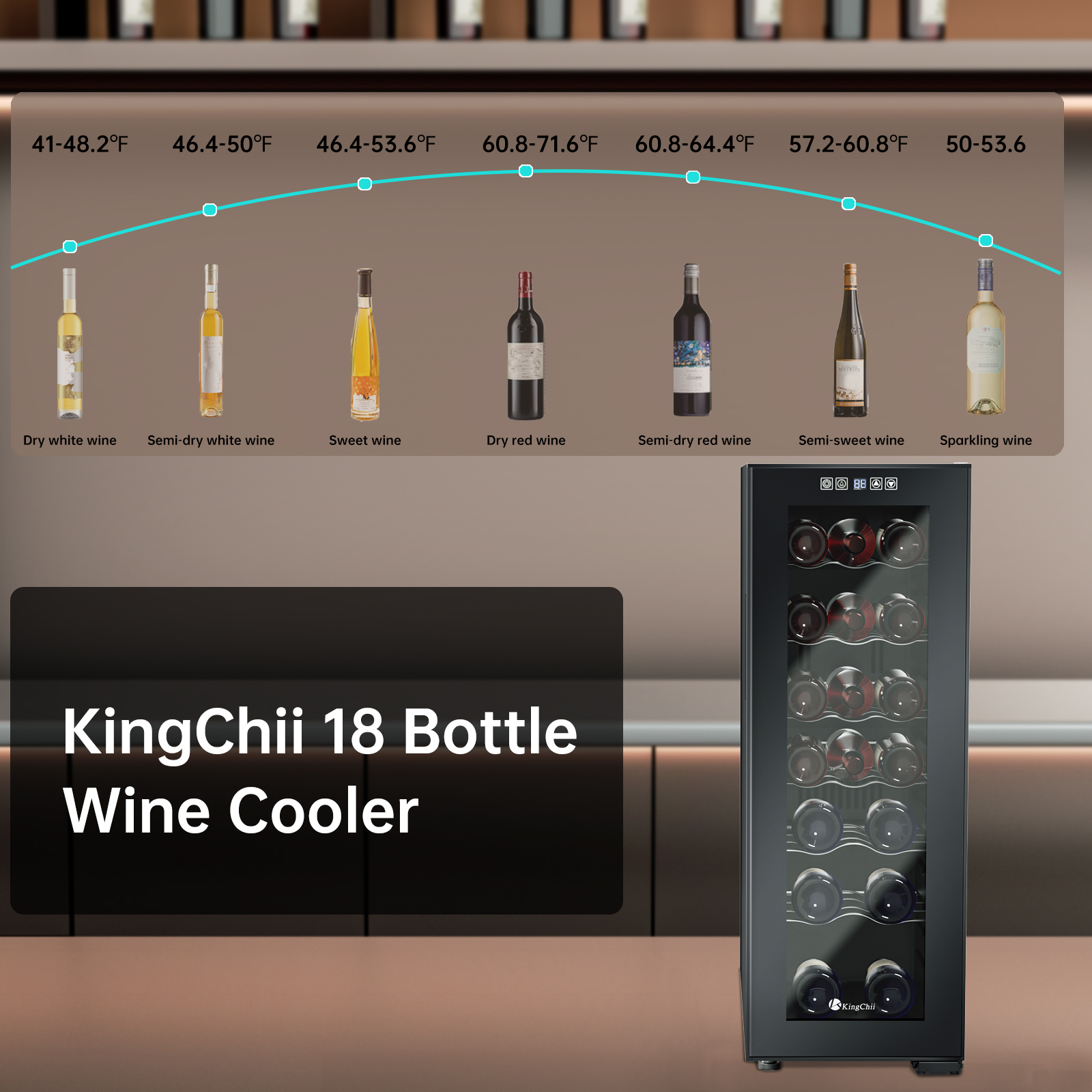 KingChii 18 Bottle Wine Cooler Refrigerator Freestanding Wine Fridge - Intelligent Digital Control, Low Noise Professional Compressor, Stainless Steel & Tempered Glass for Home, Office, or Kitchen