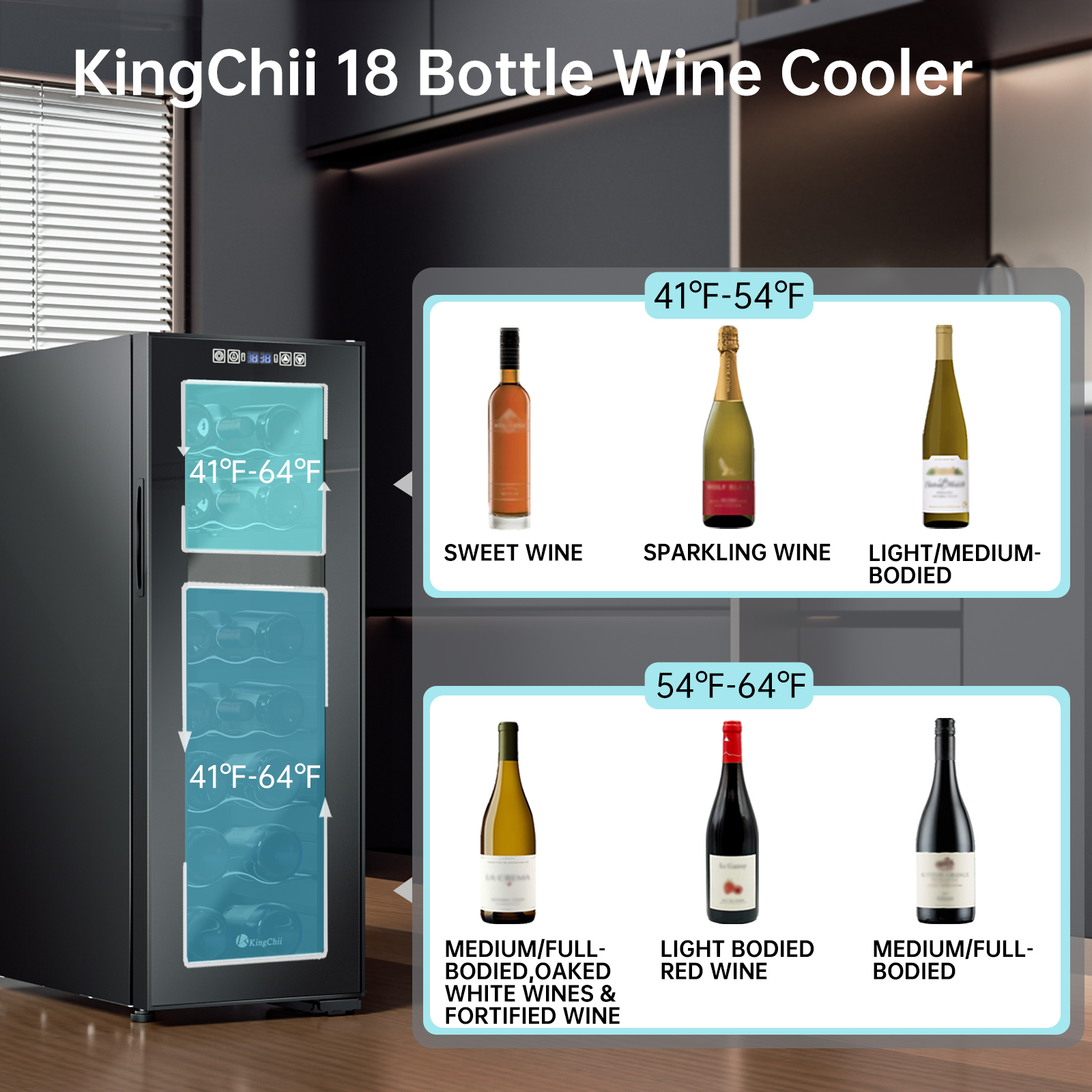 KingChii 18 Bottle Dual Zone Wine Cooler Refrigerator, Freestanding Wine Fridge with Intelligent Digital Control, Low Noise Professional Compressor, Stainless Steel & Tempered Glass for Home, Office, or Kitchen