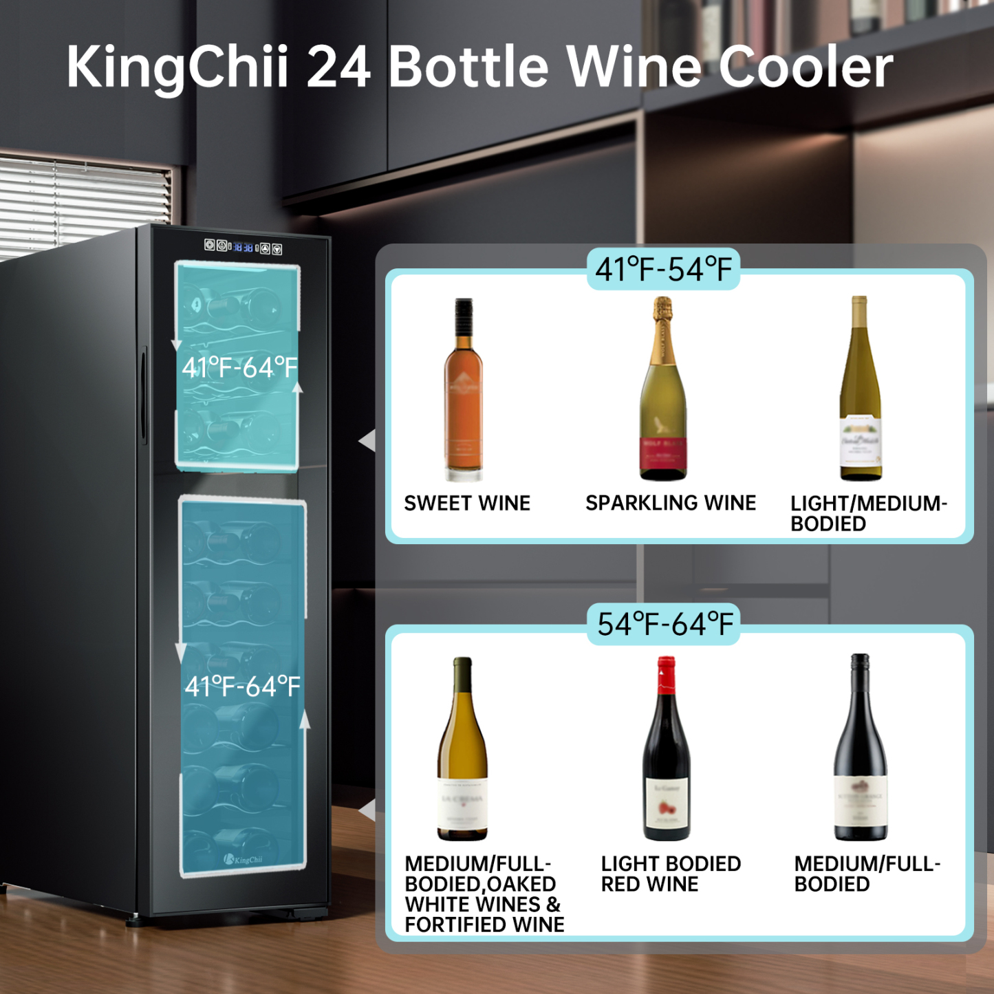 KingChii 24 Bottle Dual Zone Wine Cooler Refrigerator, Freestanding Wine Fridge with Intelligent Digital Control, Low Noise Professional Compressor, Stainless Steel & Tempered Glass for Home, Office, or Kitchen
