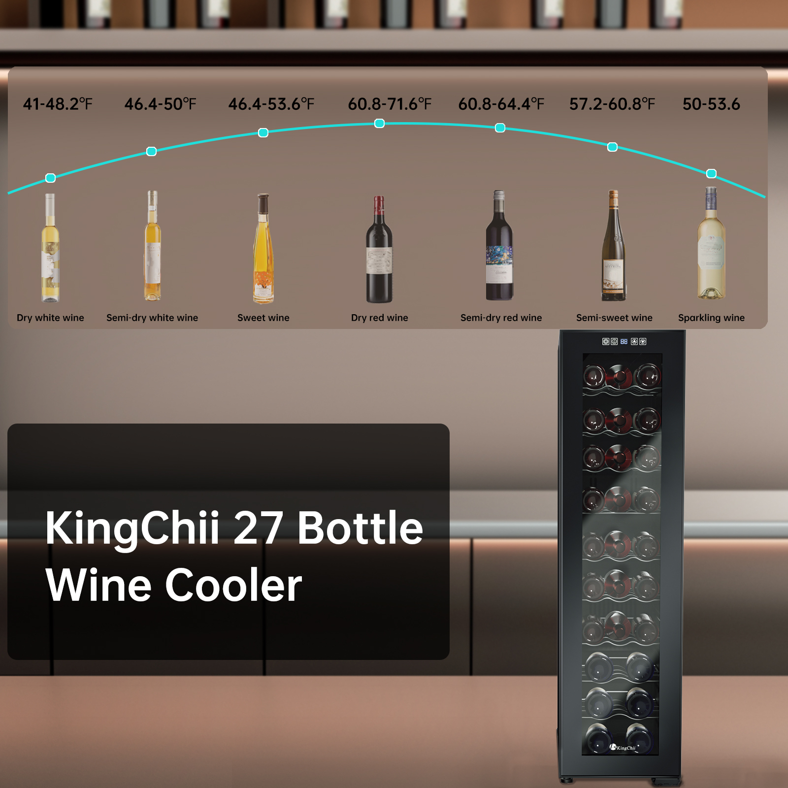 KingChii 27 Bottle Wine Cooler Refrigerator Freestanding Wine Fridge - Intelligent Digital Control, Low Noise Professional Compressor, Stainless Steel & Tempered Glass for Home, Office, or Kitchen
