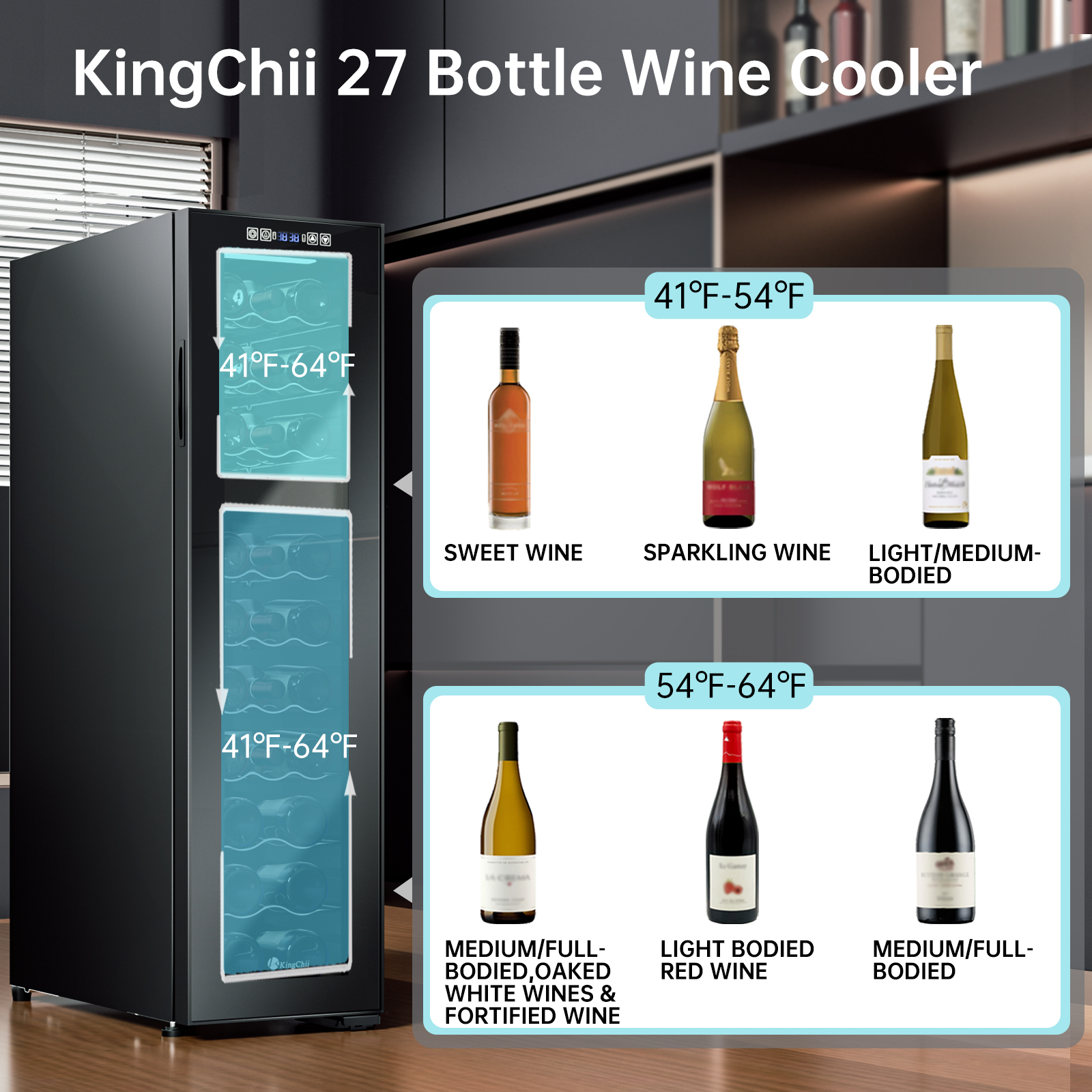 KingChii 27 Bottle Dual Zone Wine Cooler Refrigerator, Freestanding Wine Fridge with Intelligent Digital Control, Low Noise Professional Compressor, Stainless Steel & Tempered Glass for Home, Office, or Kitchen