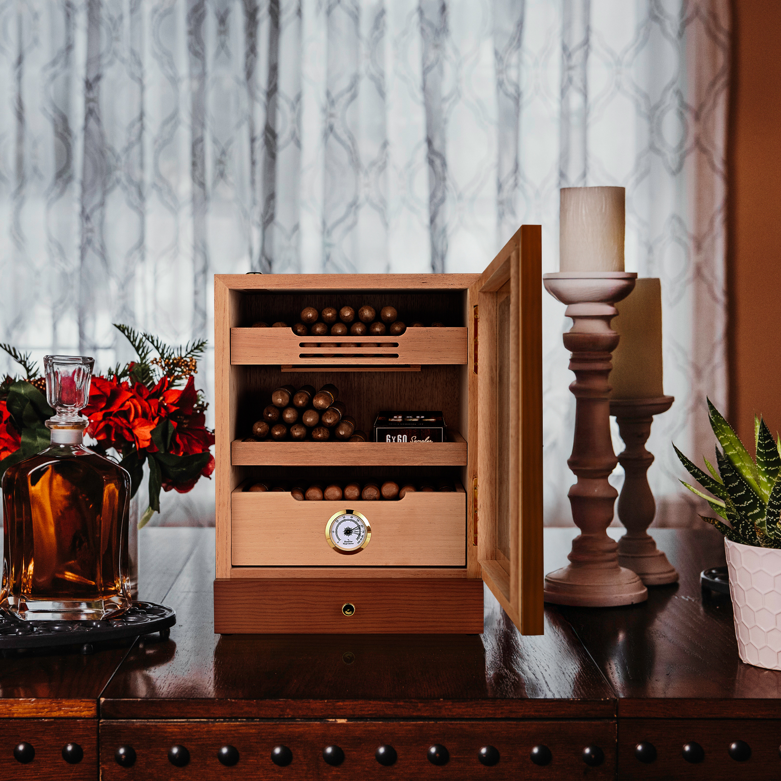 KingChii Cigar Humidor, Light Control System with Spanish Cedar Wood Drawer, Hygrometer, 3 Humidifiers and Cigar Accessories Drawer, Father's Day Gift for Men, Holds 100 Cigars (Brown)