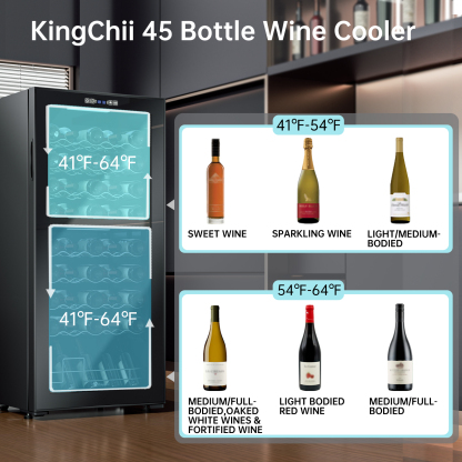 KingChii 45 Bottle Dual Zone Wine Cooler Refrigerator, Freestanding Wine Fridge with Intelligent Digital Control, Low Noise Professional Compressor, Tempered Glass for Home or Office