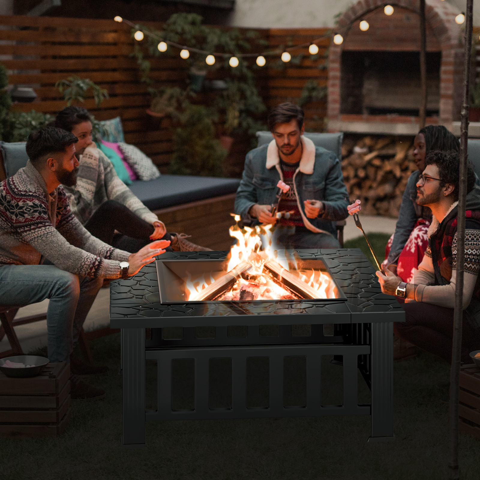 KingChii 32" Fire Pit Table Wood Burning Square Metal Firepit for Outdoor, Patio Backyard BBQ with Mesh Lid, Poker and Cover, Black