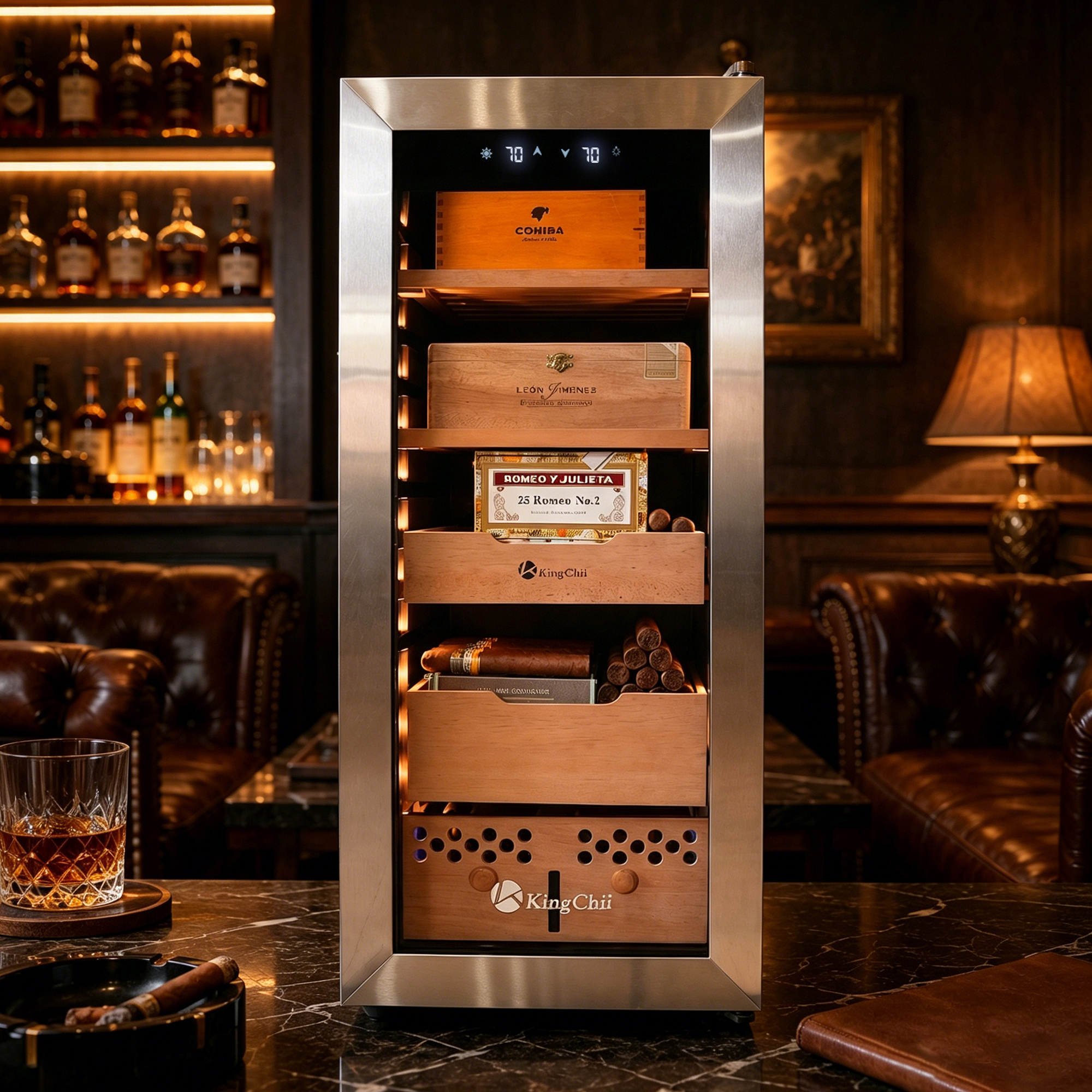 KingChii Upgrade 60L Electric Temperature & Humidity Control Cigar Humidor, Built-in Humidification System with Spanish Cedar Wood Shelves & Drawer Hygrometer(550Capacity)