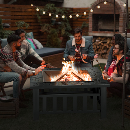 KingChii 32" Fire Pit Table Wood Burning Square Metal Firepit for Outdoor, Patio Backyard BBQ with Mesh Lid, Poker and Cover, Black