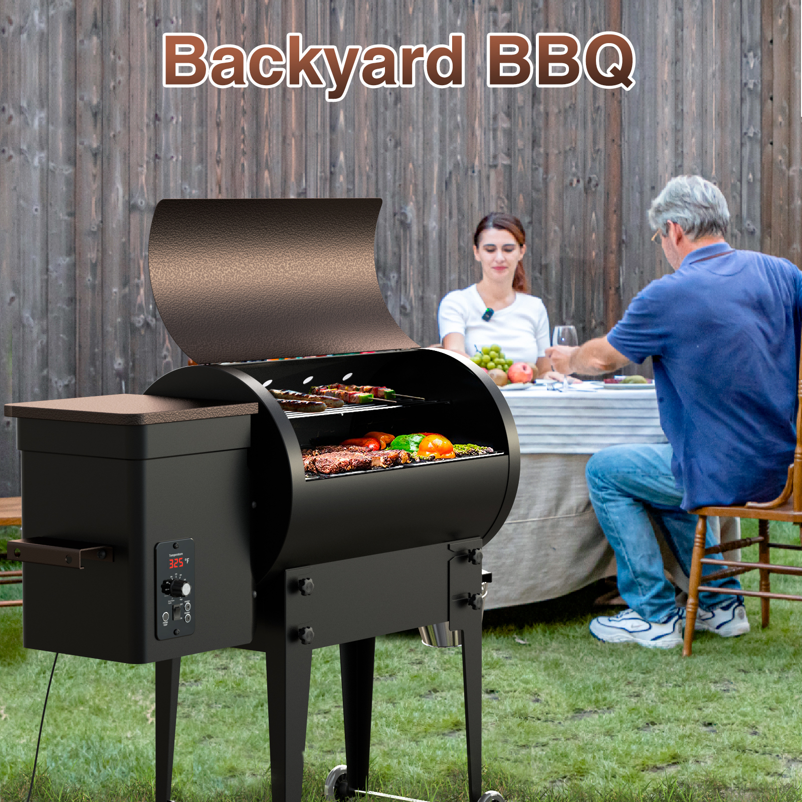 KingChii Wood Pellet Smoker & Grill, 456 sq. in BBQ Smoker with Auto Temperature Control, Folding Legs for Outdoor Patio RV, Bronze