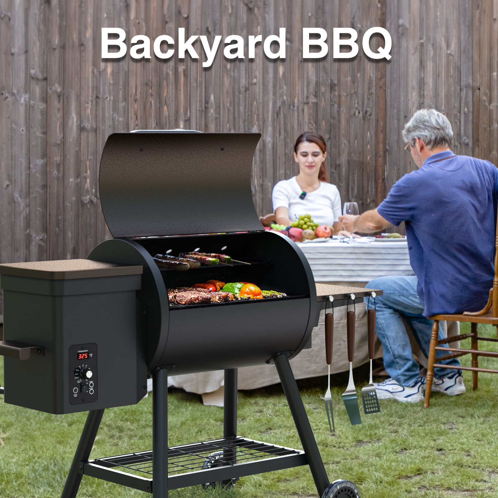 KingChii 456 SQ.IN Pellet Grill Smoker with Side Shelf, 8 IN 1 BBQ Grill with PID Temperature Control for Outdoor Cooking, BBQ Camping and Patio, Brown