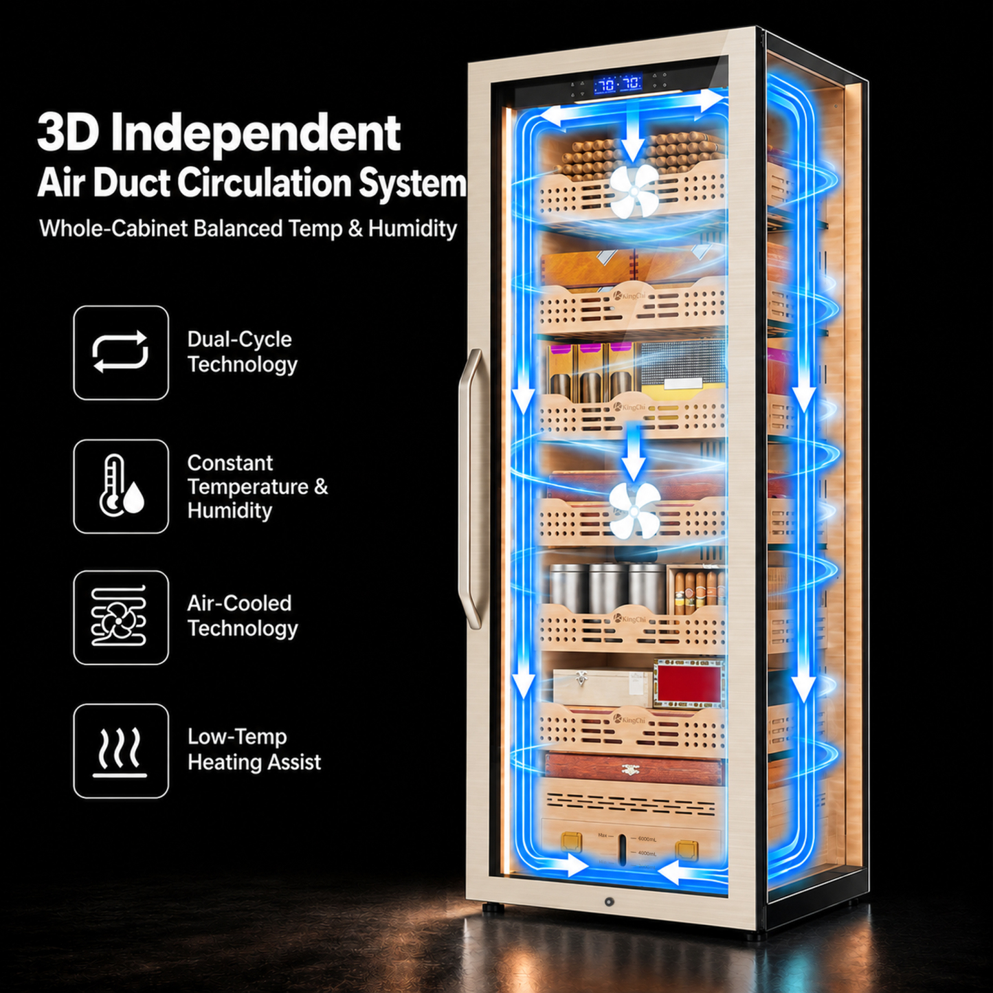 KingChii Pro 338L Smart Compressor Cigar Humidor Cabinet , Gold Glass Door & Compressor Cooling-2180 cigars