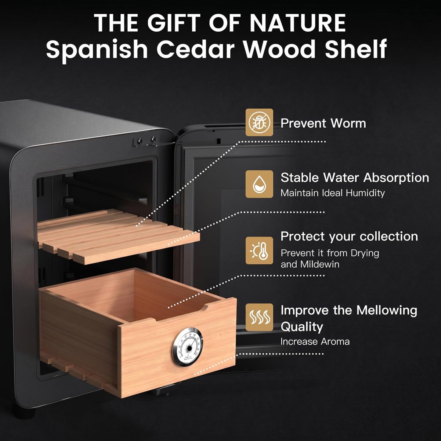 KingChii 8L Electric Cigar Humidor with New Shape Design, Digital Temperature Control Cabinet, Spanish Cedar Shelves & Hygrometer - 80 Capacity (2 Layers)