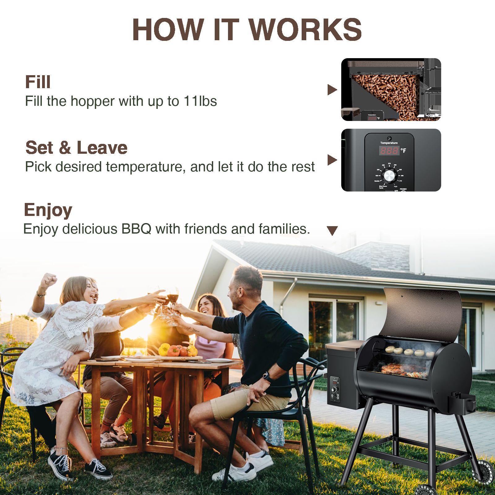 KingChii 456 SQ.IN Wood Pellet Grill Smoker with Auto Temperature Control for Outdoor RV BBQ in Bronze