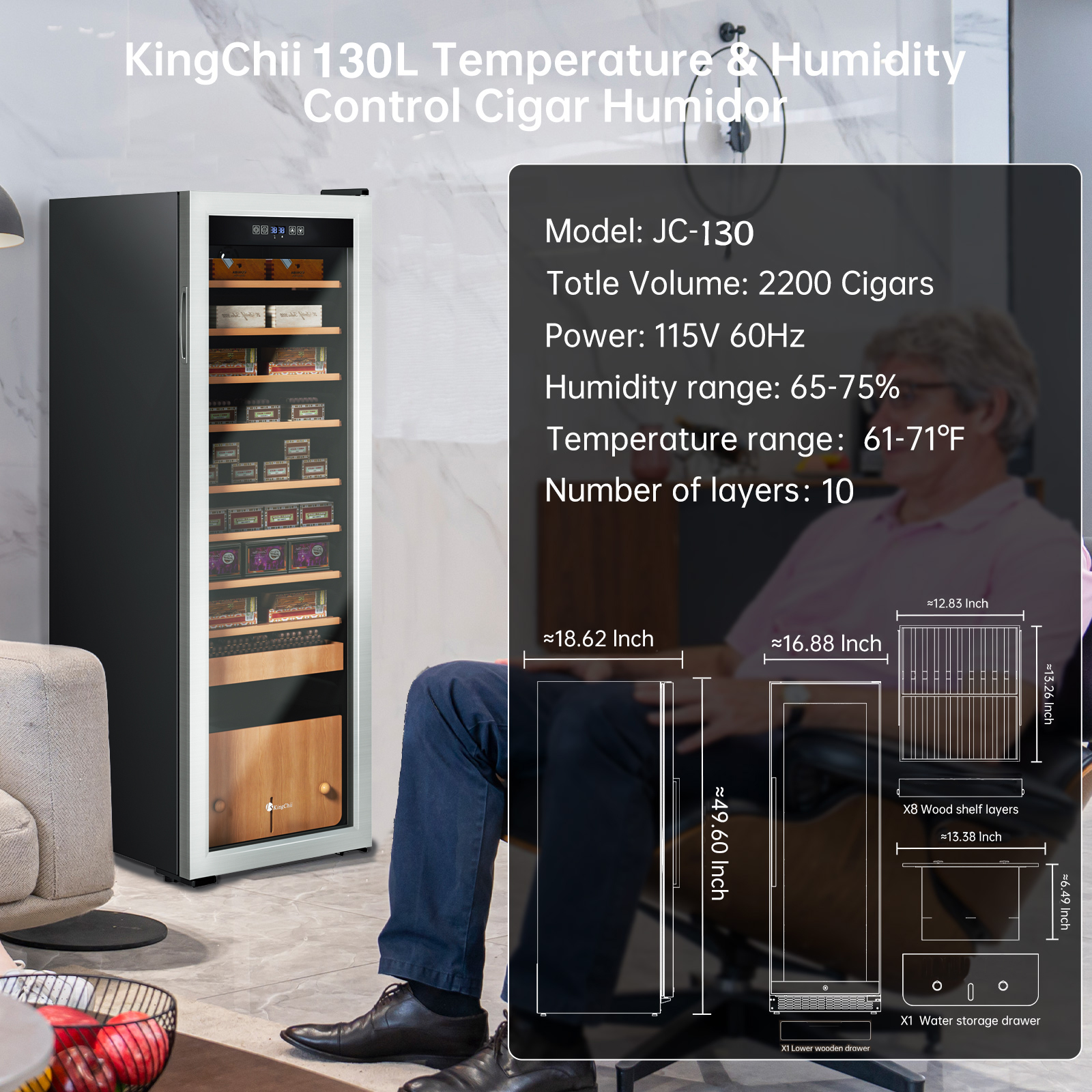 KingChii Upgrade 130L Electric Cigar Humidor Temperature & Humidity Control, Built-in Humidification System with Spanish Cedar Wood Shelves & Drawer Hygrometer Father's Day Gifts for Men