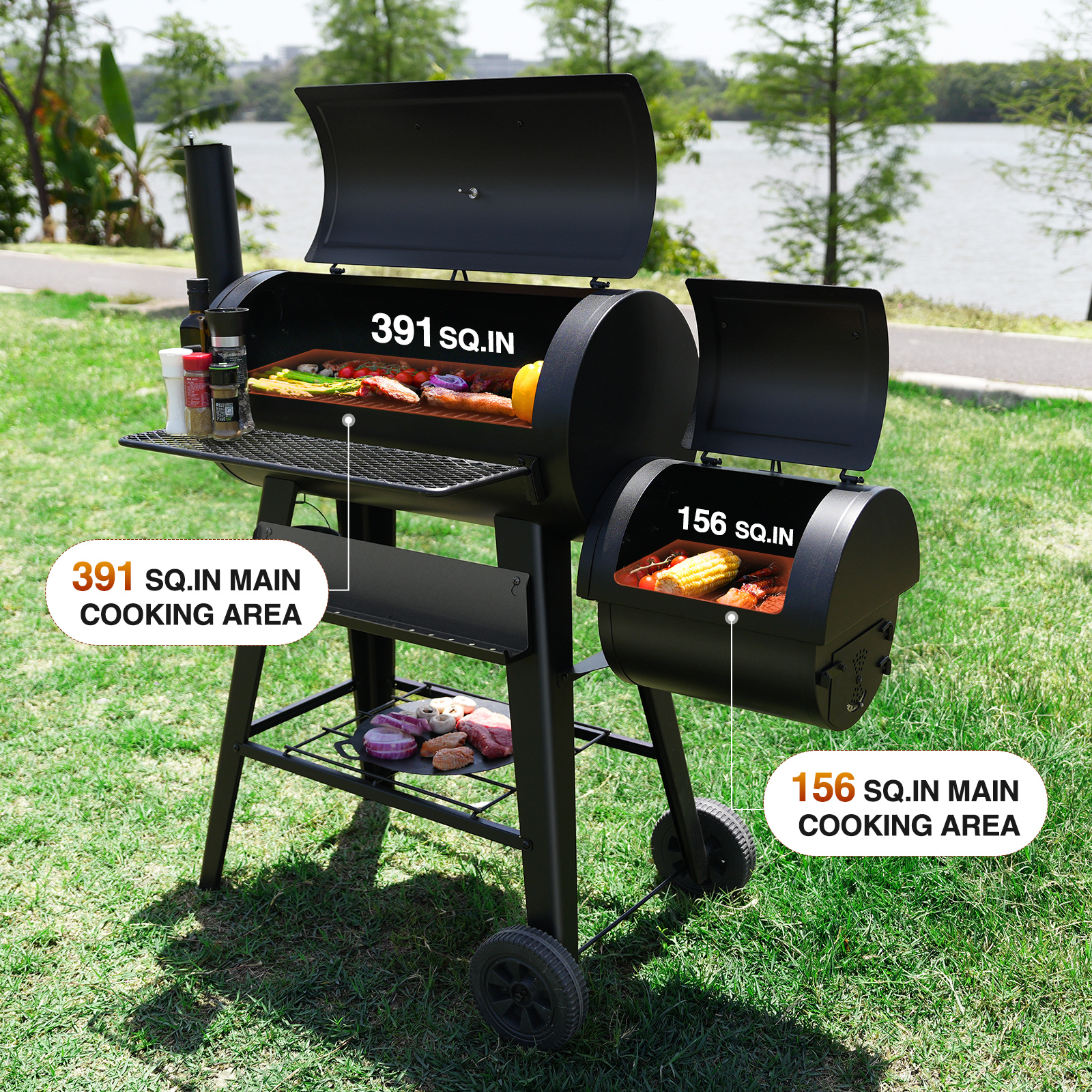 KingChii 547 SQ.IN. Charcoal Grills with Charcoal Wood Offset Smokers for Outdoor Patio BBQ Grilling, Black
