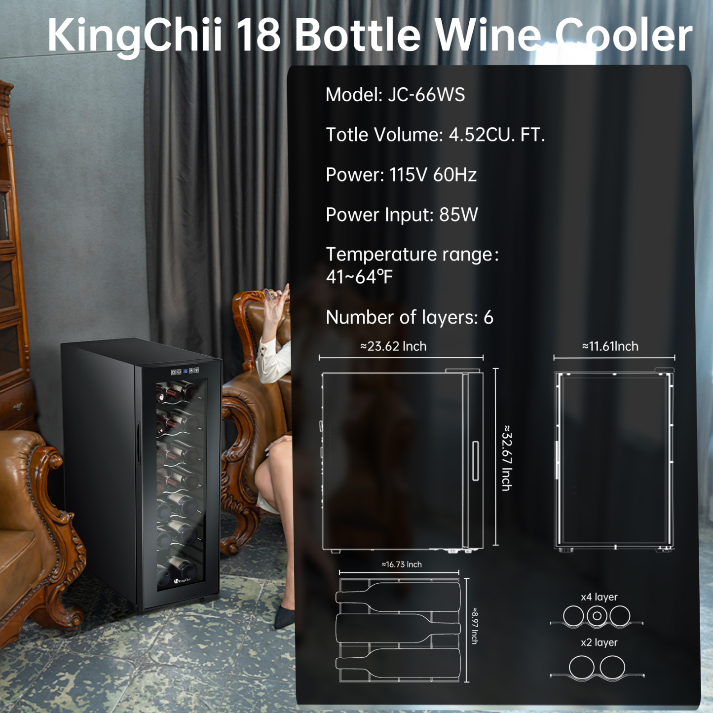 KingChii 18 Bottle Wine Cooler Refrigerator Freestanding Wine Fridge - Intelligent Digital Control, Low Noise Professional Compressor, Stainless Steel & Tempered Glass for Home, Office, or Kitchen