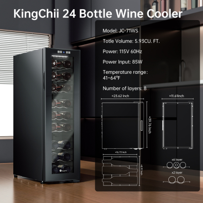 KingChii 24 Bottle Wine Cooler Refrigerator Freestanding Wine Fridge - Intelligent Digital Control, Low Noise Professional Compressor, Stainless Steel & Tempered Glass for Home, Office, or Kitchen
